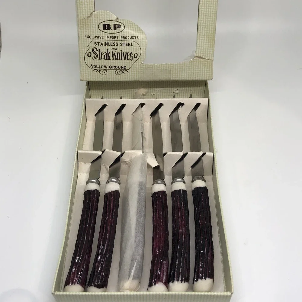 6 Piece Stainless Steel Steak Knives Hollow Ground Vintage Original Box Japan